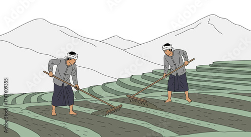 Farmers working on a rice terrace in Asia with mountains in the background representing