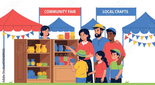 Illustration of a diverse family at a community fair buying local crafts together