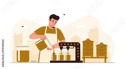 Illustration of a beekeeper pouring honey into jars with beehives and cityscape background