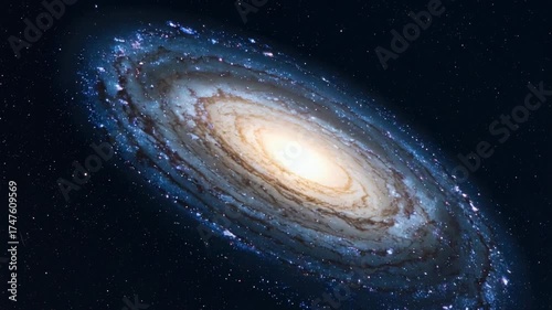 A swirling galaxy with a bright core, surrounded by dark space and stars