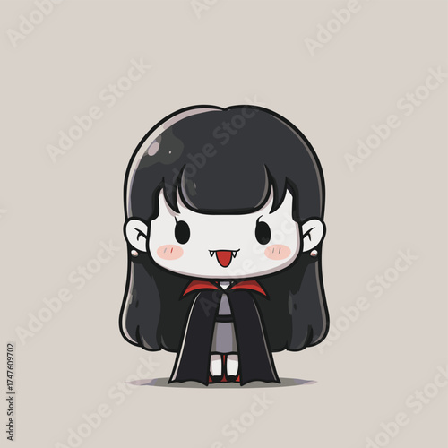 cute chibi vampire with tiny fangs, shy smile, short cape, kawaii cartoon halloween style vector illustration