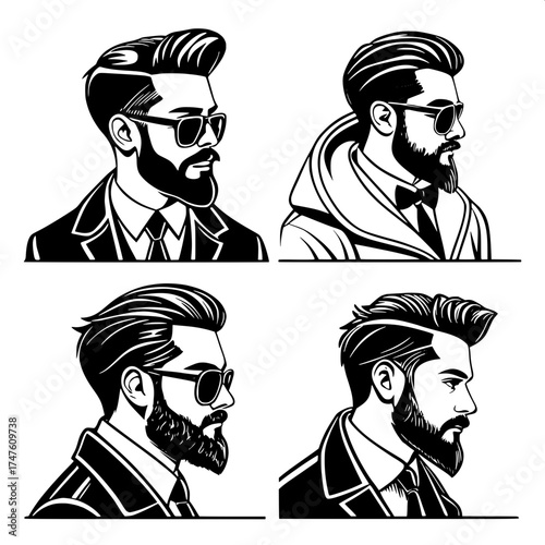 Classic Retro Portrait Series

Four stylized vector portraits of Caucasian men with full beards, pompadour hairstyles, and dark sunglasses. Each man faces a different direction—three-quarter, profile,