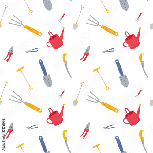 Garden tools pattern featuring watering cans, trowels, and various gardening implements