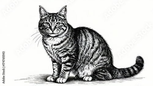 Black and white illustration of a tabby cat sitting, facing forward