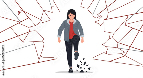 Illustration showcasing a determined woman breaking through a shattered wall representing