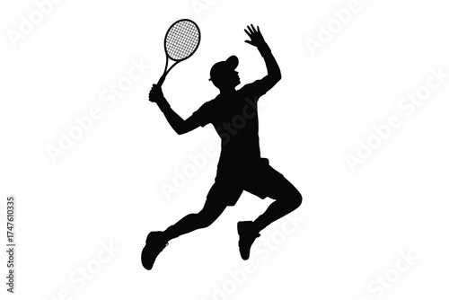 Black silhouette of tennis player in mid air serving white
