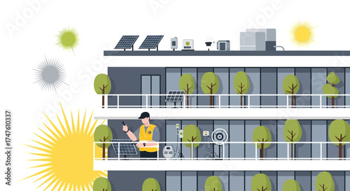 Illustration showcasing sustainable building practices with solar panels and green infrastructure