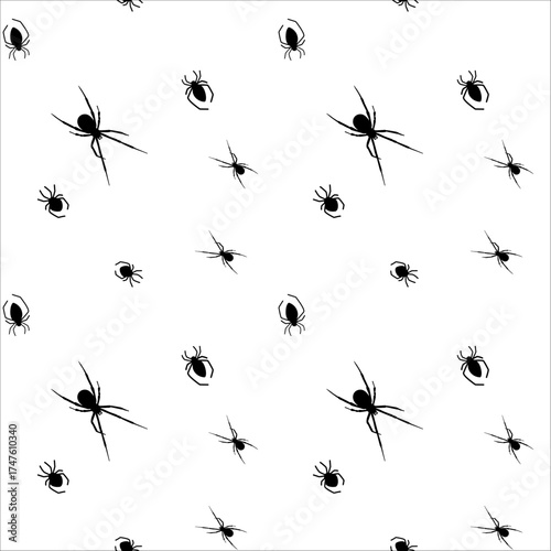 Pattern of black spiders on a white background for Halloween decor and design projects