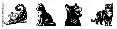 Cats in Various Poses: A Black and White Illustration.