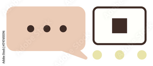 Speech bubble with ellipsis next to a digital interface featuring a black square and three dots. Ideal for communication, messaging, technology, interaction, digital tools, simplicity, collaboration