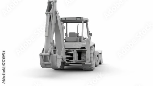 A detailed rear view of a construction machine in grayscale, featuring a backhoe arm, large tires, a cabin, and a loader bucket
