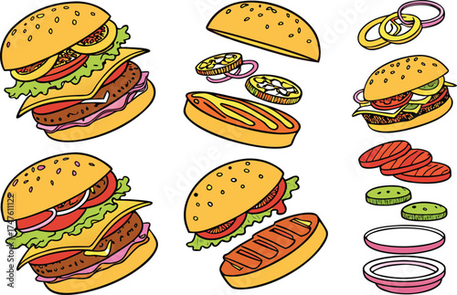 A colorful vector illustration set of various fast food icons like hamburger, pizza, sandwich, and hotdog for your restaurant menu or design