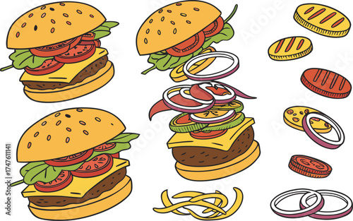 A vector illustration set of fast food icons like a cheeseburger, pizza, and salad for a lunch or dinner menu