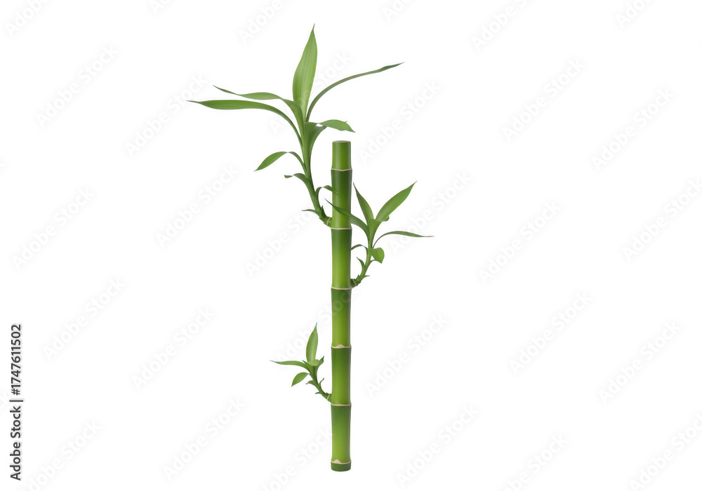 Fototapeta premium Vibrant green bamboo stalk with delicate leaves isolated on a deep black canvas