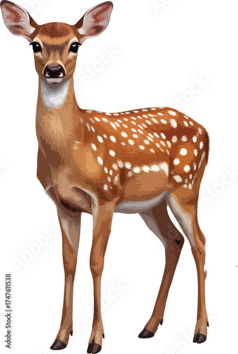 Ultra-Realistic Fawn Standing Isolated on White, Detailed Fur Texture, Spotted Deer, High-Quality Wildlife Illustration