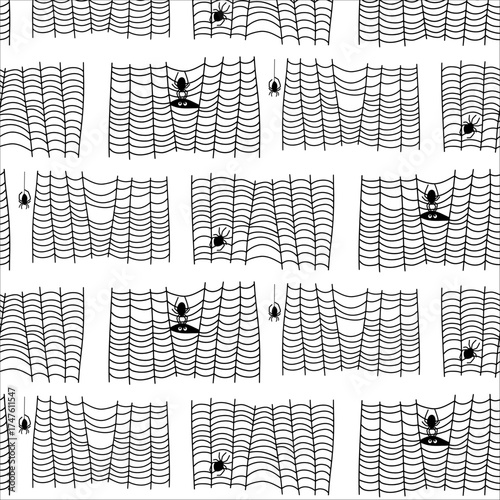 Black and white pattern showing multiple spider webs with spiders scattered across a pale background