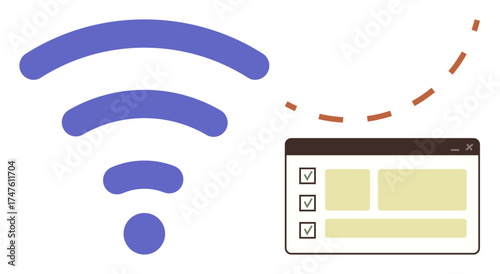 wireless signal with checklist interface implying digital connectivity, data syncing, and task management. Ideal for communication, automation, productivity, collaboration, networking, remote work