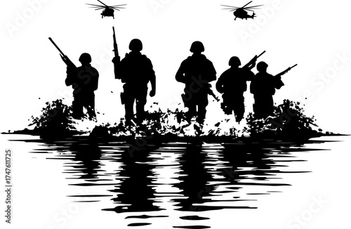 silhouette of a military man in the water, silhouette, illustration, vector, nature, black, design, art, bird, plant, pattern, flower, tree, halloween, animal
