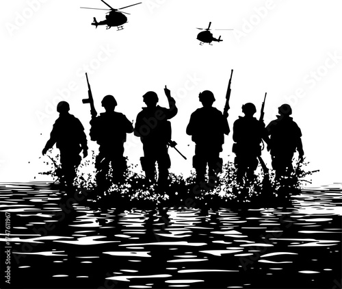silhouette of a military man in the water, silhouette, illustration, vector, nature, black, design, art, bird, plant, pattern, flower, tree, halloween, animal