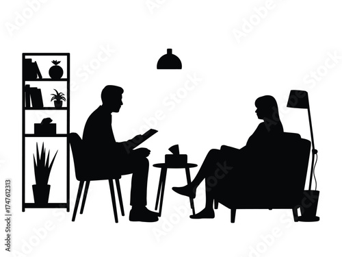 Black silhouette of therapy session with bookshelf and plants counseling doctor
