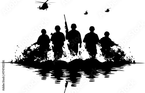 silhouette of a military man in the water, silhouette, illustration, vector, nature, black, design, art, bird, plant, pattern, flower, tree, halloween, animal