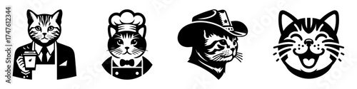 Cat Illustrations: Diverse Professions and Happy Expressions.