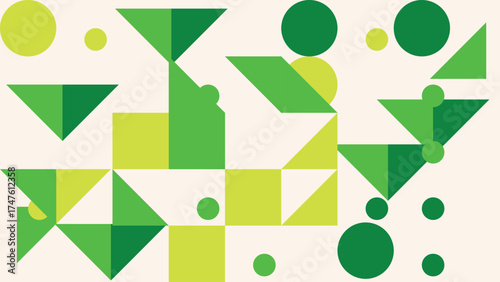 Abstract geometric design featuring circles squares and triangles in shades of GREEN