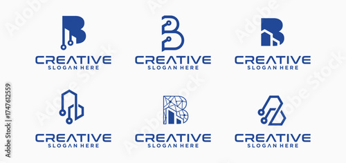 Technology letter B logo design template, collection of B shaped technology logo icons