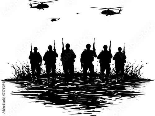 silhouette of a military man in the water, silhouette, illustration, vector, nature, black, design, art, bird, plant, pattern, flower, tree, halloween, animal