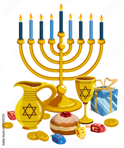 Hanukkah Celebration Composition with Menorah, Dreidels, Gelt Coins, Goblet, Sufganiyah Donut, and Gift Box Illustration