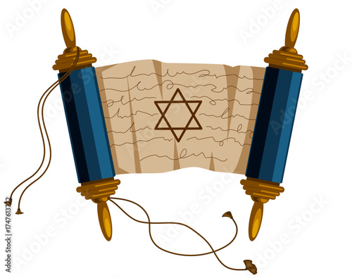 Torah Scroll with Star of David Illustration - Jewish Religious Symbol and Traditional Scripture Manuscript