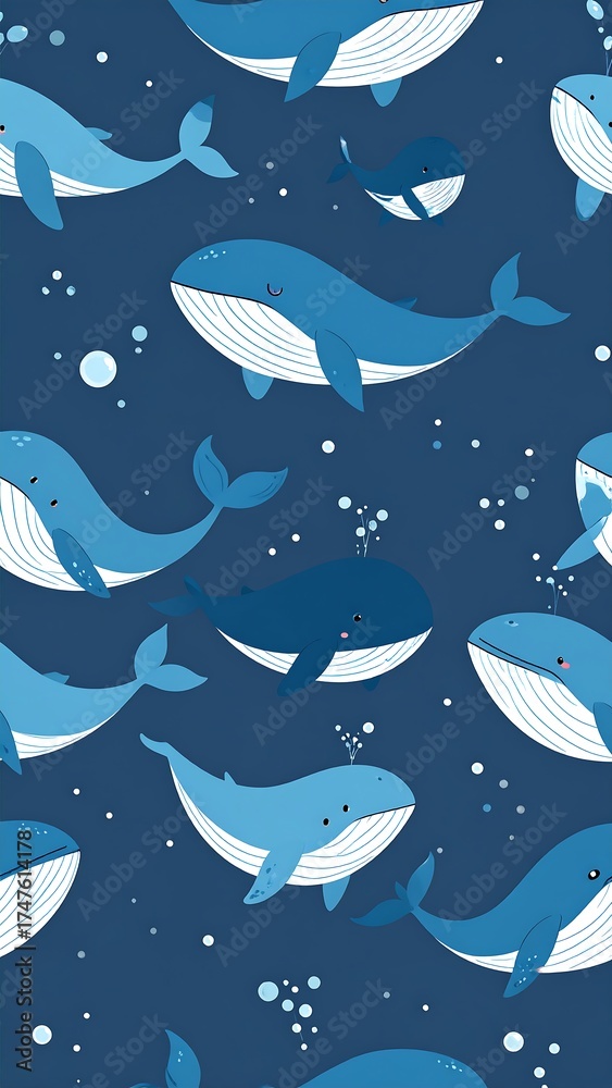 Fototapeta premium Cartoon whales swim playfully in a deep blue ocean with bubbles around