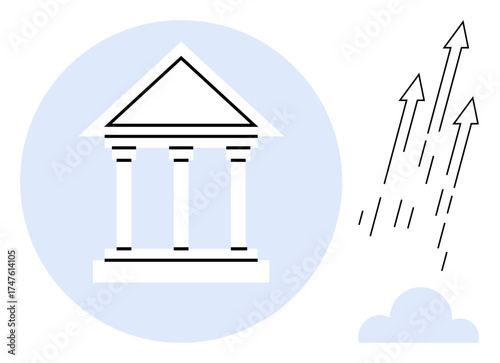 Classical building with pillars signifies tradition and stability. Rising arrows represent growth, progress, or financial success. Ideal for education, business, finance, development, achievement