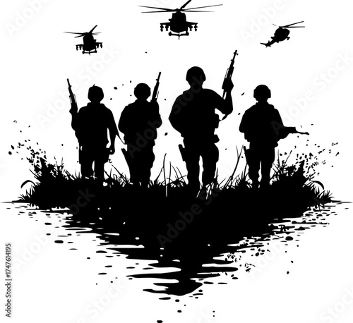 silhouette of a military man in the water, silhouette, illustration, vector, nature, black, design, art, bird, plant, pattern, flower, tree, halloween, animal