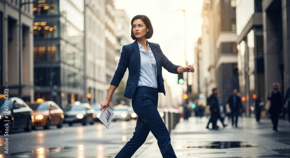 Obraz premium Confident Businesswoman Navigating the Modern City with Tablet