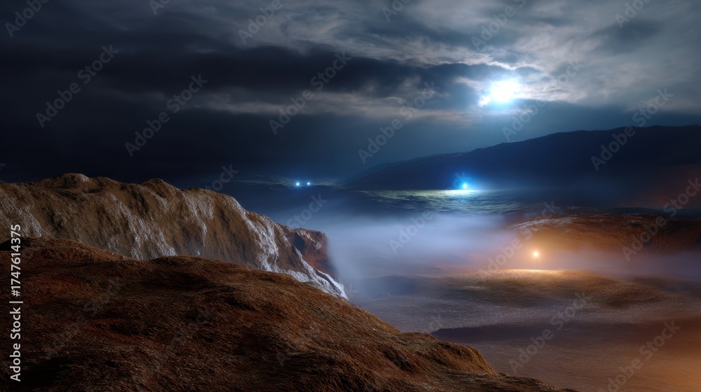 Obraz premium Ethereal Landscape with Mystic Clouds and Soft Lighting under Starry Sky at Nighttime