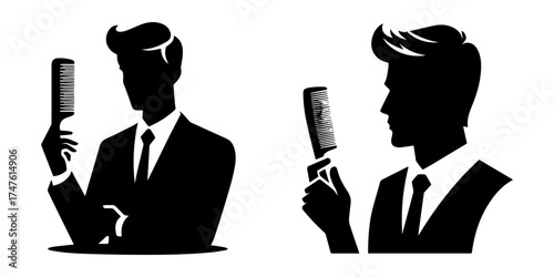 Man in Suit Holding Comb Silhouette Illustration.