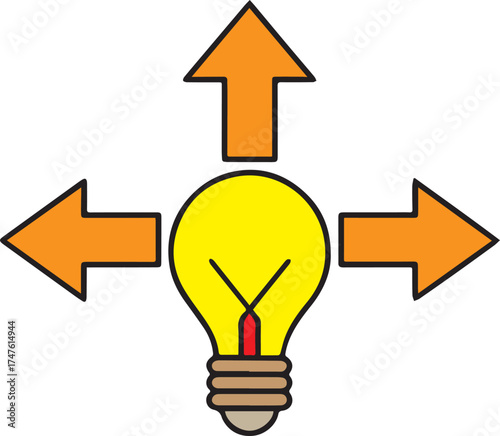 The 3D light bulb concept shows a symbol of idea and business success with an arrow up representing growth and progress