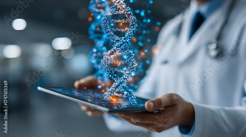 holding doctor futuristic hospital and tablet genetic light data in setting concept. with modern displaying digital risk science background ai generative 79879648 1
