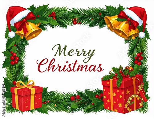 christmas frame with holly. Christmas wreath with red ribbon for greeting card 
