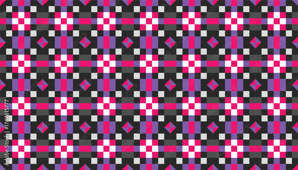 Fototapeta premium Vibrant geometric seamless pattern featuring checkered squares and diamond shapes in pink, purple, black, and white. This retro-style design creates a bold, dynamic look