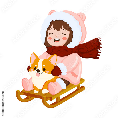 Little Girl and Corgi Dog Sledding