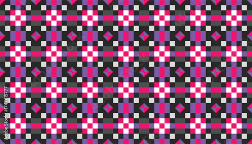 Vibrant geometric seamless pattern featuring checkered squares and diamond shapes in pink, purple, black, and white. This retro-style design creates a bold, dynamic look
