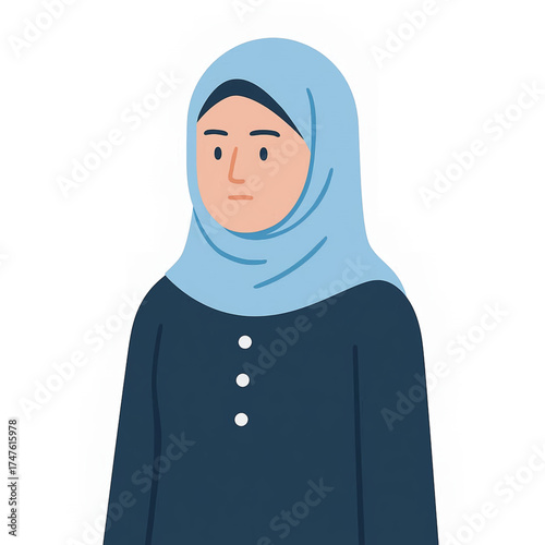 Thoughtful Young Muslim Woman in Hijab, a Simple Vector Illustration with a Neutral Expression, Ideal for Diverse Representation and Modern Design Projects