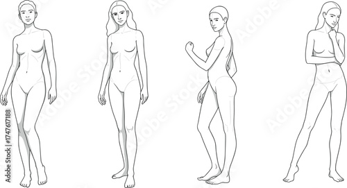 Female body poses reference illustration set showing anatomy, gesture, and movement for artists, drawing practice, and character design templates.