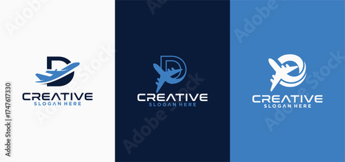 Airplane initial D logo, Travel icon, Flight logo sign, airline company logo, and air transportation.