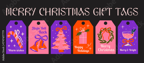 Xmas gift tags design, Christmas present labels, cards, vector stickers elements set for winter holidays packaging with cartoon groovy bold illustration of tree ornaments, wreath, bells, bow, bauble