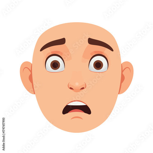 Cartoon illustration of a bald man's face with wide eyes and an open mouth, expressing intense fear or shock.