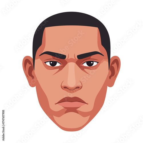A vector illustration of a young man's face with a serious and intense expression.