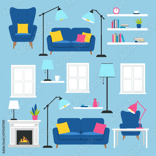 A collection of furniture and decor items for a modern living space.